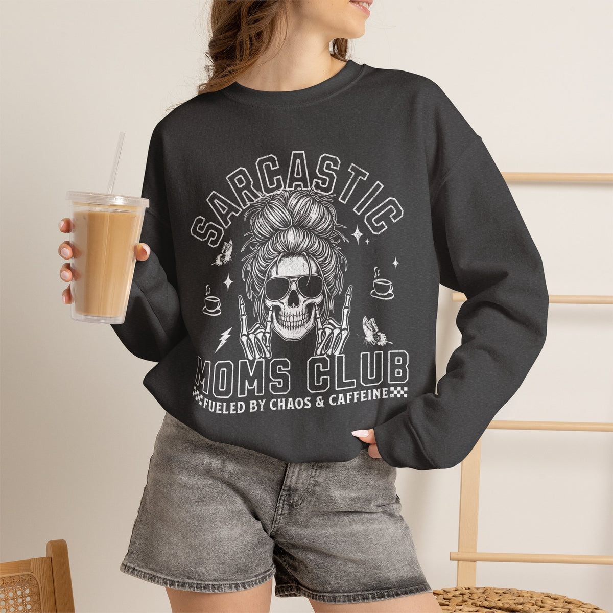 Dark Heather sweatshirt with Sarcastic Moms Club mother humor print.