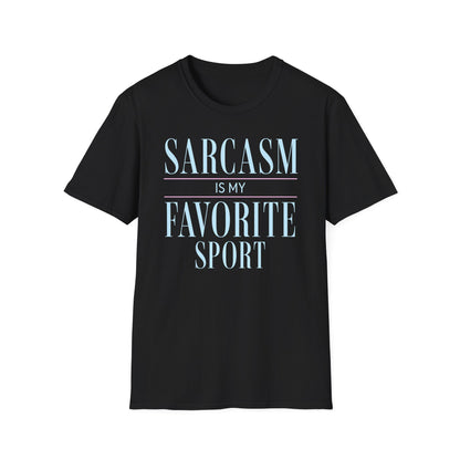 Navy Gildan 64000 T-shirt with Sarcasm Is My Favorite Sport design printed on the front.