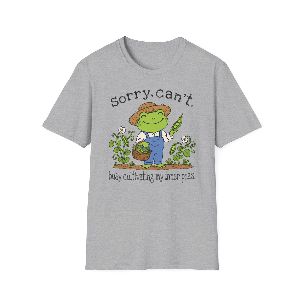 Sport Grey Gildan 64000 T-shirt with Sorry Can't Busy Cultivating My Inner Peas Frog design printed on the front.