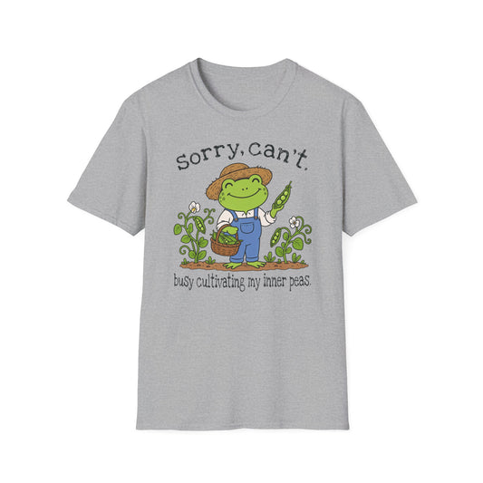 Sport Grey Gildan 64000 T-shirt with Sorry Can't Busy Cultivating My Inner Peas Frog design printed on the front.