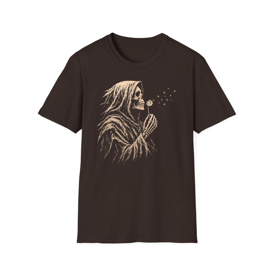 Black Gildan 64000 T-shirt with Grim Reaper Blowing Dandelion design printed on the front.