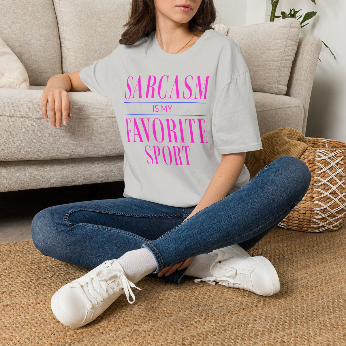 Lifestyle mockup of the Sarcasm Is My Favorite Sport Gildan 64000 T-shirt.