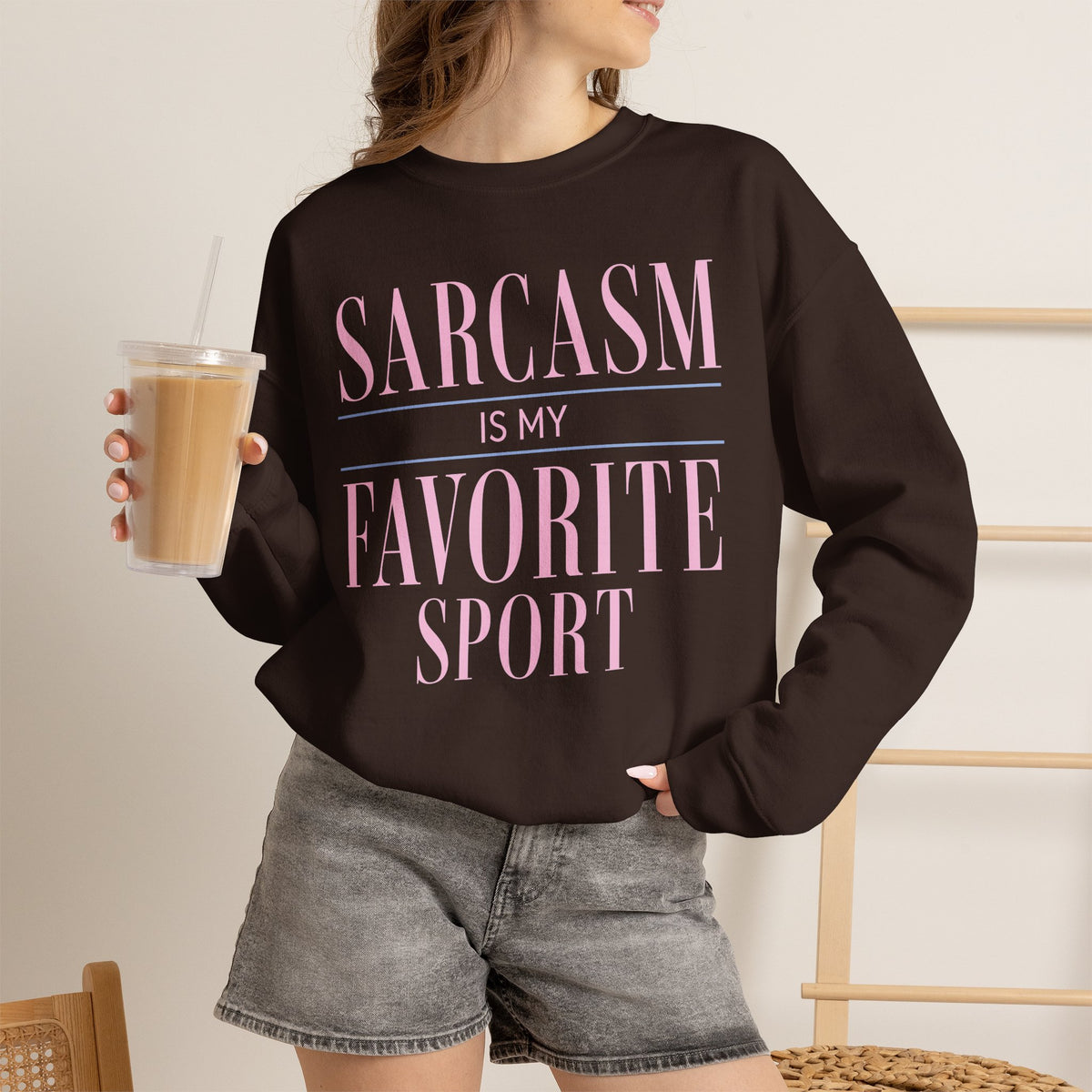 Dark Chocolate sweatshirt with Sarcasm Is My Favorite Sport pink quote.