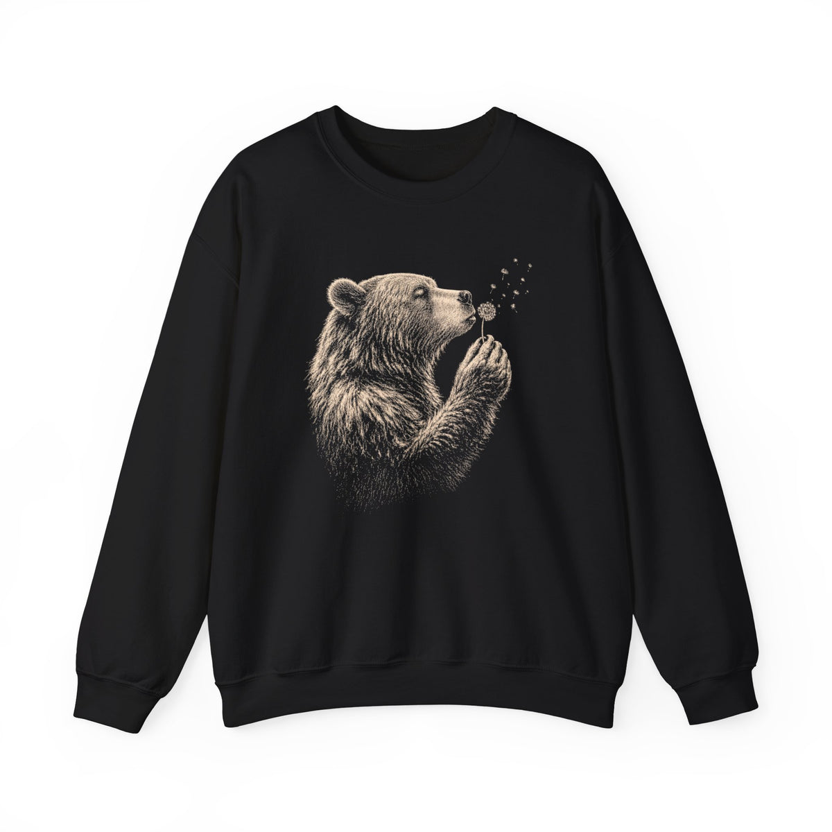 Black sweatshirt with woodland bear blowing delicate dandelion seeds graphic.