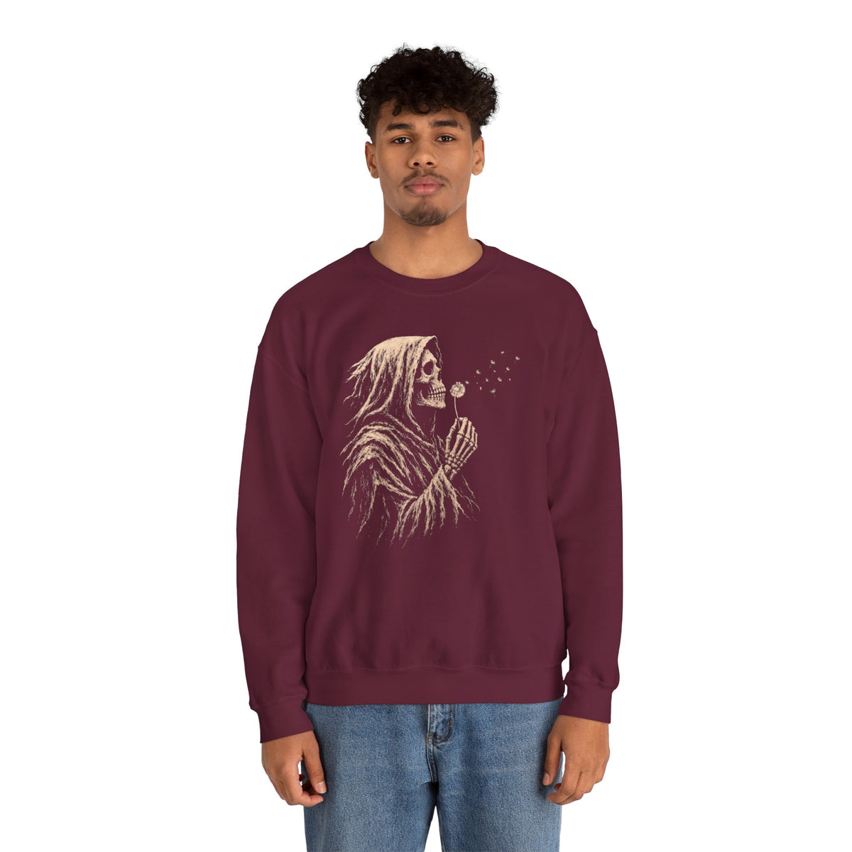 Maroon crewneck sweatshirt with gothic grim reaper blowing dandelion seeds art.