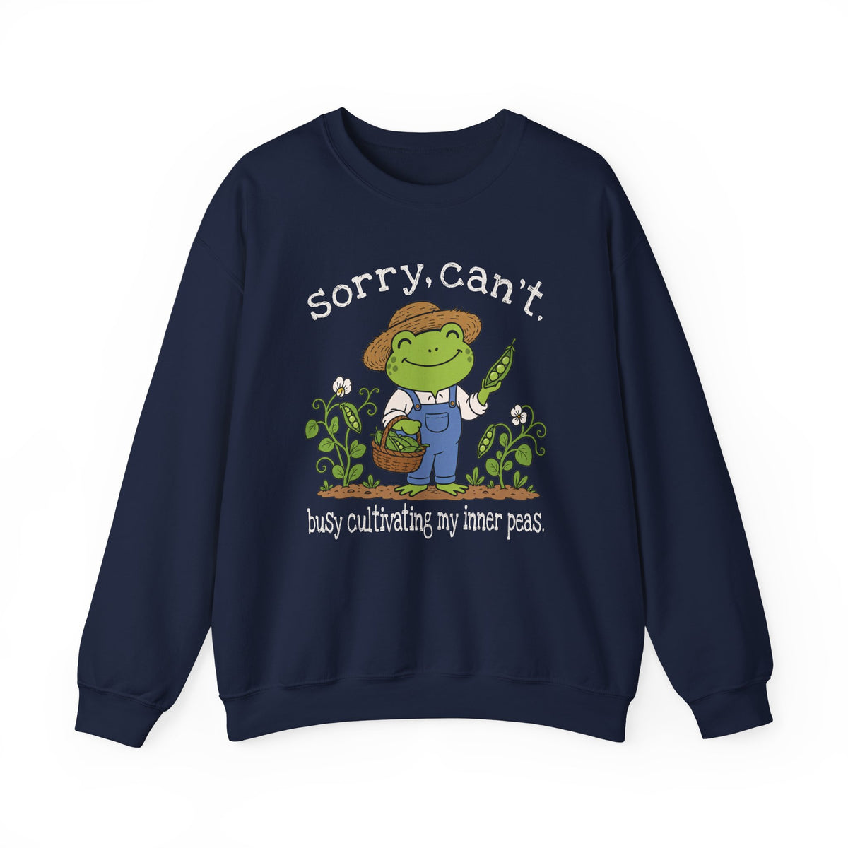 Navy Gildan 18000 sweatshirt with Sorry Can't Busy Cultivating My Inner Peas frog design printed on the front.